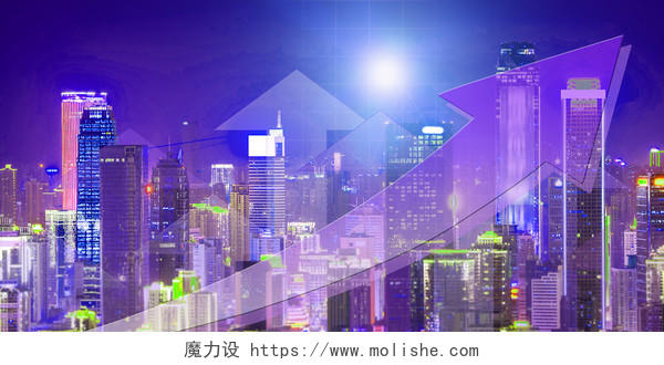 蓝色科技感城市夜景光效箭头展板背景未来发展